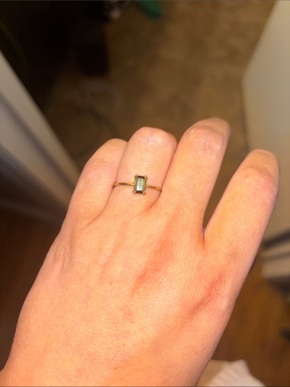 Gold Slim Band Ring with Rectangular Green Gemstone